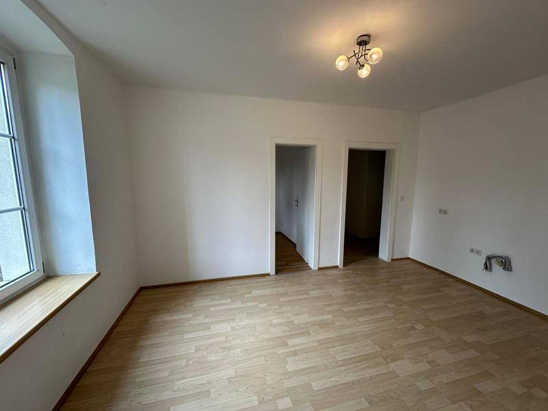 Heller Wohnbereich mit Laminatboden und zwei Türen, die zu weiteren Räumen führen.