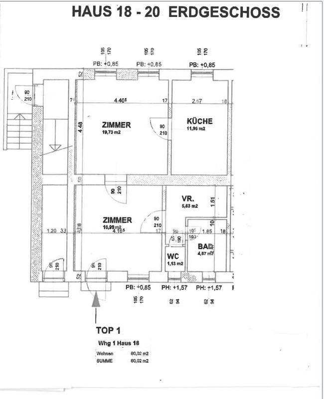 Grundriss des Erdgeschosses mit Zimmern, Küche, Bad und WC, Gesamtfläche 60,02 m².