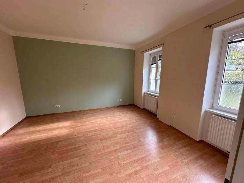 Geräumiges Zimmer mit Laminatboden und einer grünen Akzentwand, ideal als Wohnbereich.