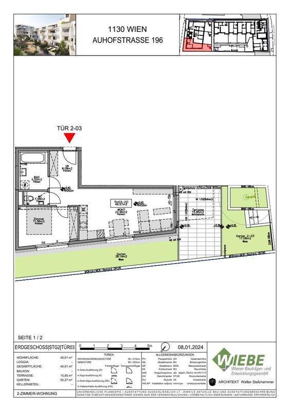 Grundriss einer 2-Zimmer-Wohnung im Erdgeschoss mit Loggia und eigenem Gartenanteil.