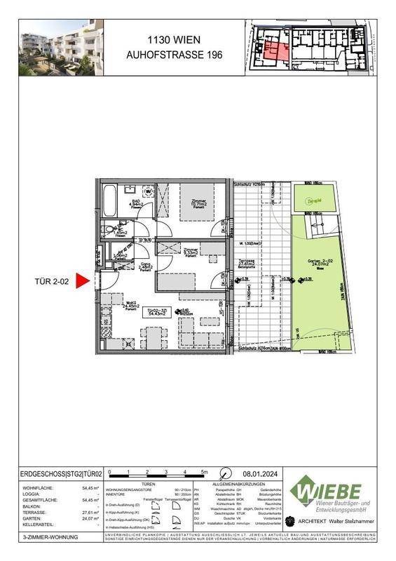Grundriss einer 3-Zimmer-Wohnung im Erdgeschoss mit Loggia und Garten.