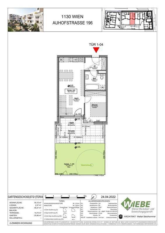 Grundriss einer 2-Zimmer-Wohnung mit Garten und Terrasse im Erdgeschoss.