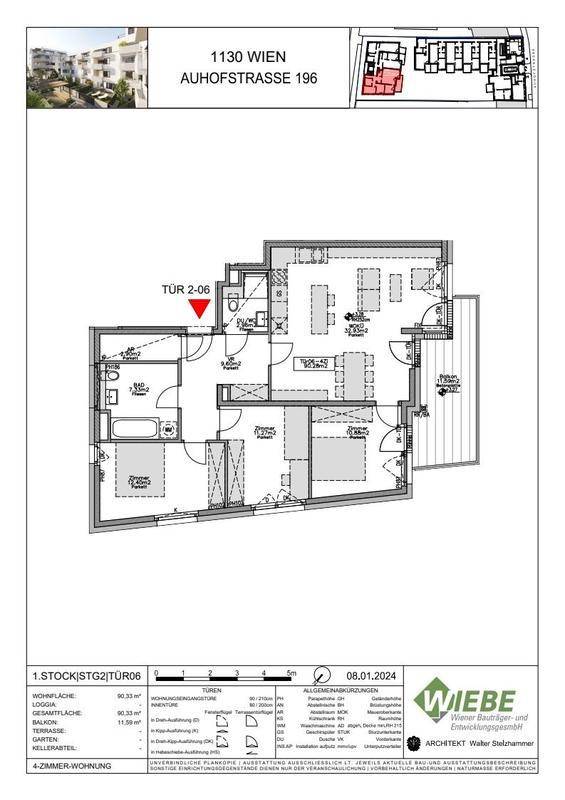 Grundriss einer 4-Zimmer-Wohnung mit Loggia, zwei Schlafzimmern und offenem Wohnbereich.