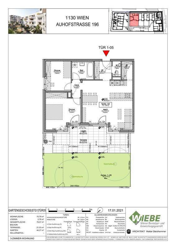 Grundriss einer 3-Zimmer-Wohnung mit Garten, Loggia, zwei Bädern und offenem Wohnbereich.