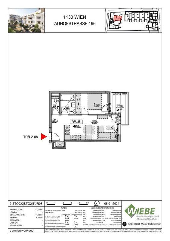 Detaillierter Grundriss einer 2-Zimmer-Wohnung mit Balkon und Loggia.