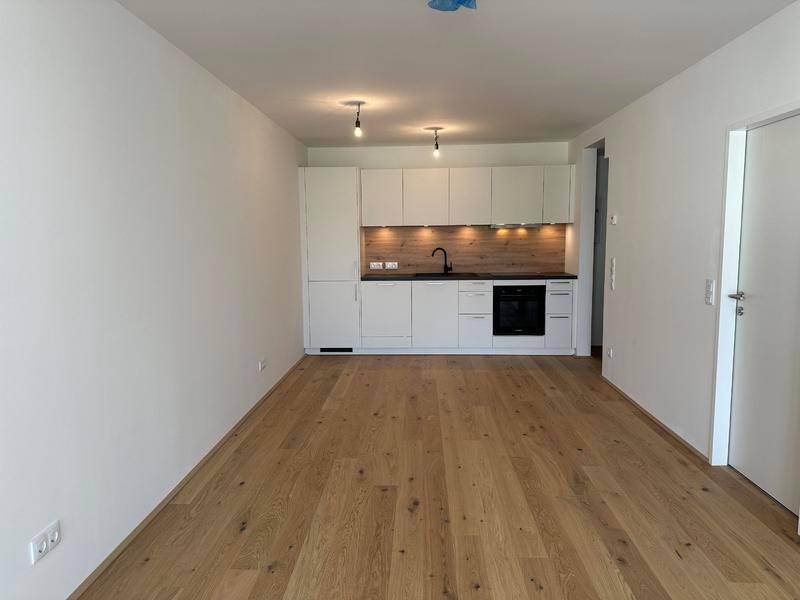 Moderne Einbauküche mit weißen Schränken und Holzrückwand, integriert in einen offenen Wohnbereich.
