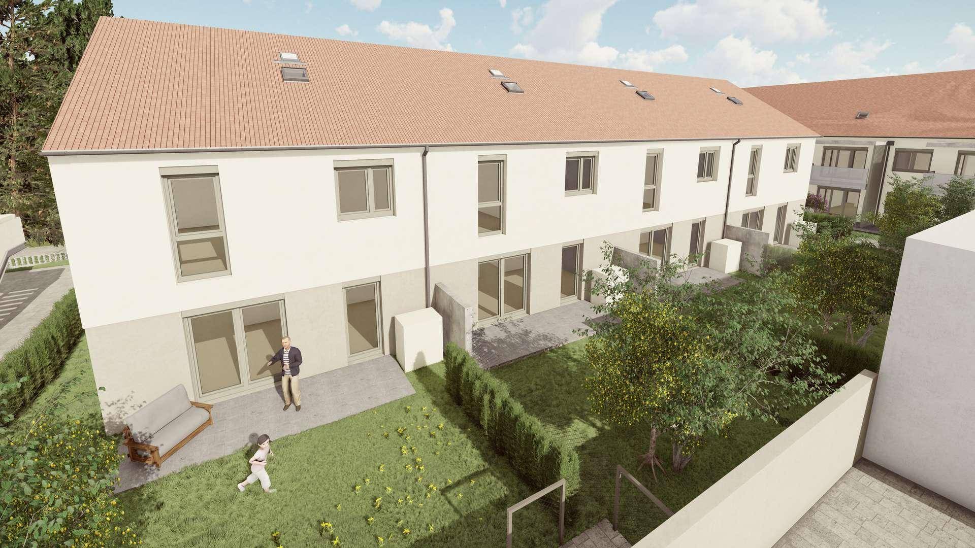 Visualisierung der Rückseite einer Reihenhauszeile mit privaten Gärten, Terrassen und Dachfenstern.