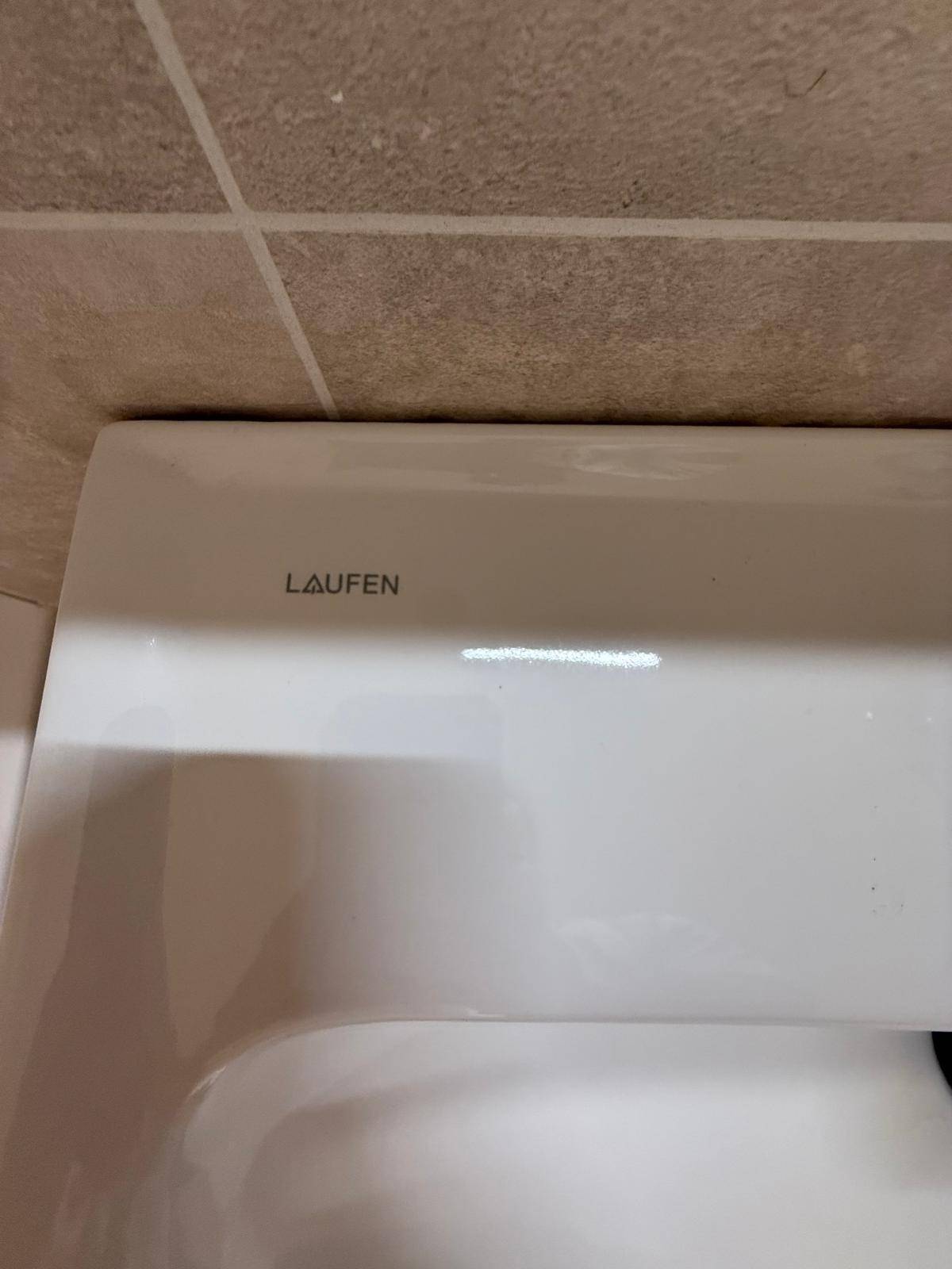 Detailaufnahme der modernen Toilette mit Spülkasten und Fliesenwand.