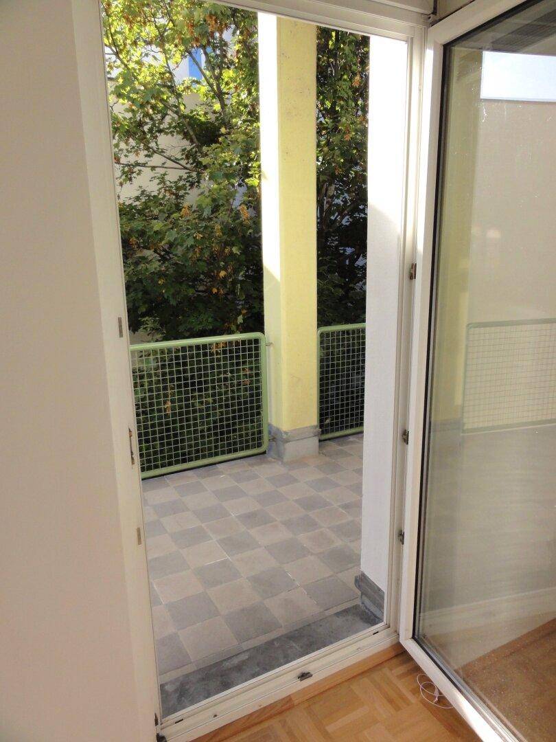 Zugang zum Balkon durch eine Glastür, mit Blick auf grüne Bäume und das Gittergeländer.
