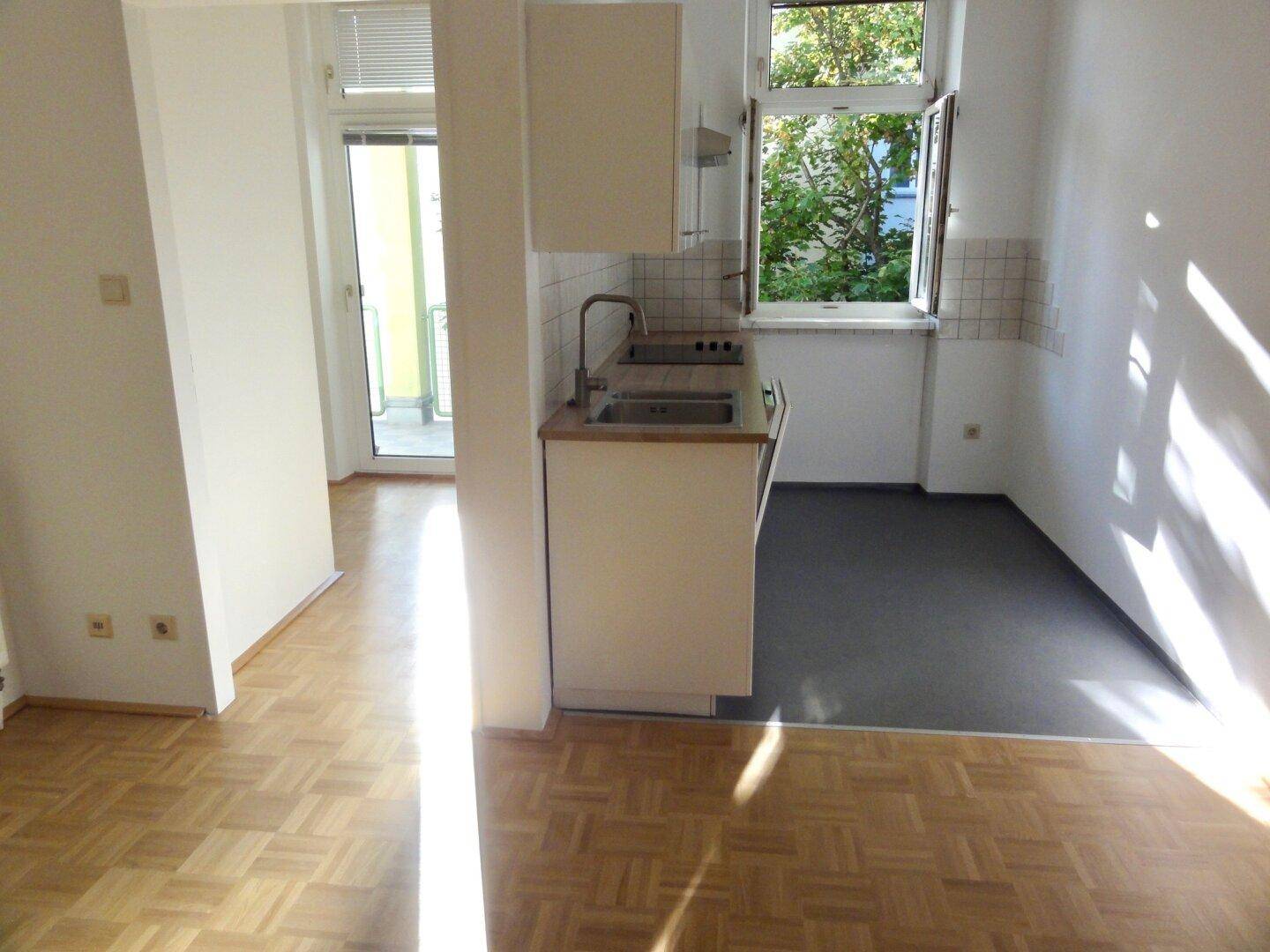 Halboffene Küche mit Spüle und Fenster, das einen grünen Ausblick auf Bäume bietet.