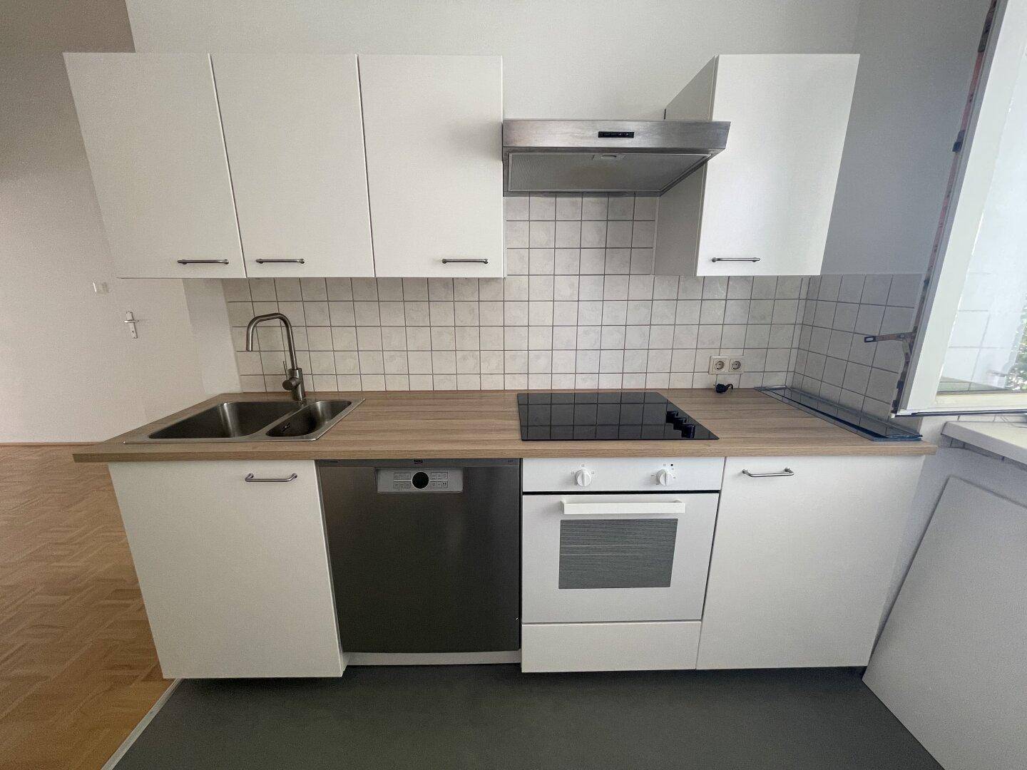Küchenzeile mit Doppelspüle, Geschirrspüler, Backofen und Induktionskochfeld, in weißem Design.