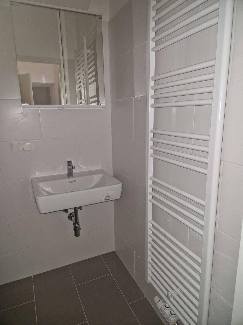 Modernes Badezimmer mit weißem Waschbecken, Spiegelschrank und praktischem Handtuchheizkörper.