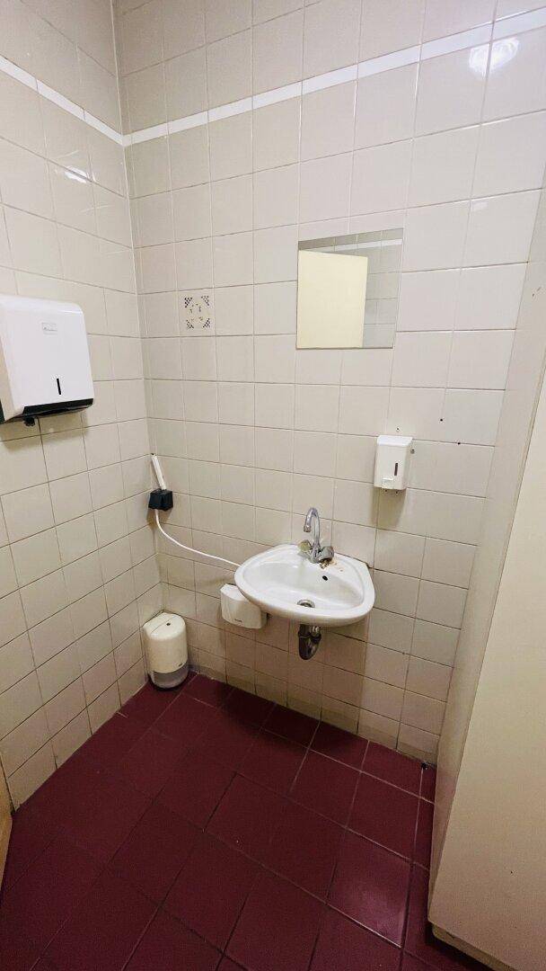 Badezimmer mit Waschbecken, Spiegel und Fliesenwänden, roter Fliesenboden.
