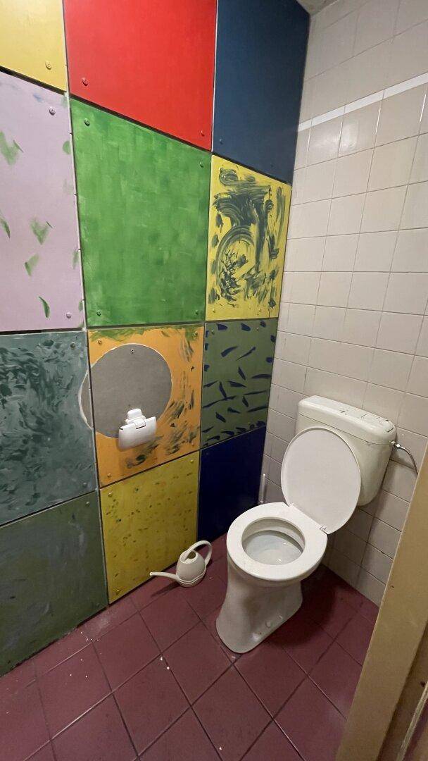 Toilettenkabine mit bunten Wandpaneelen und einer Toilette, roter Fliesenboden.