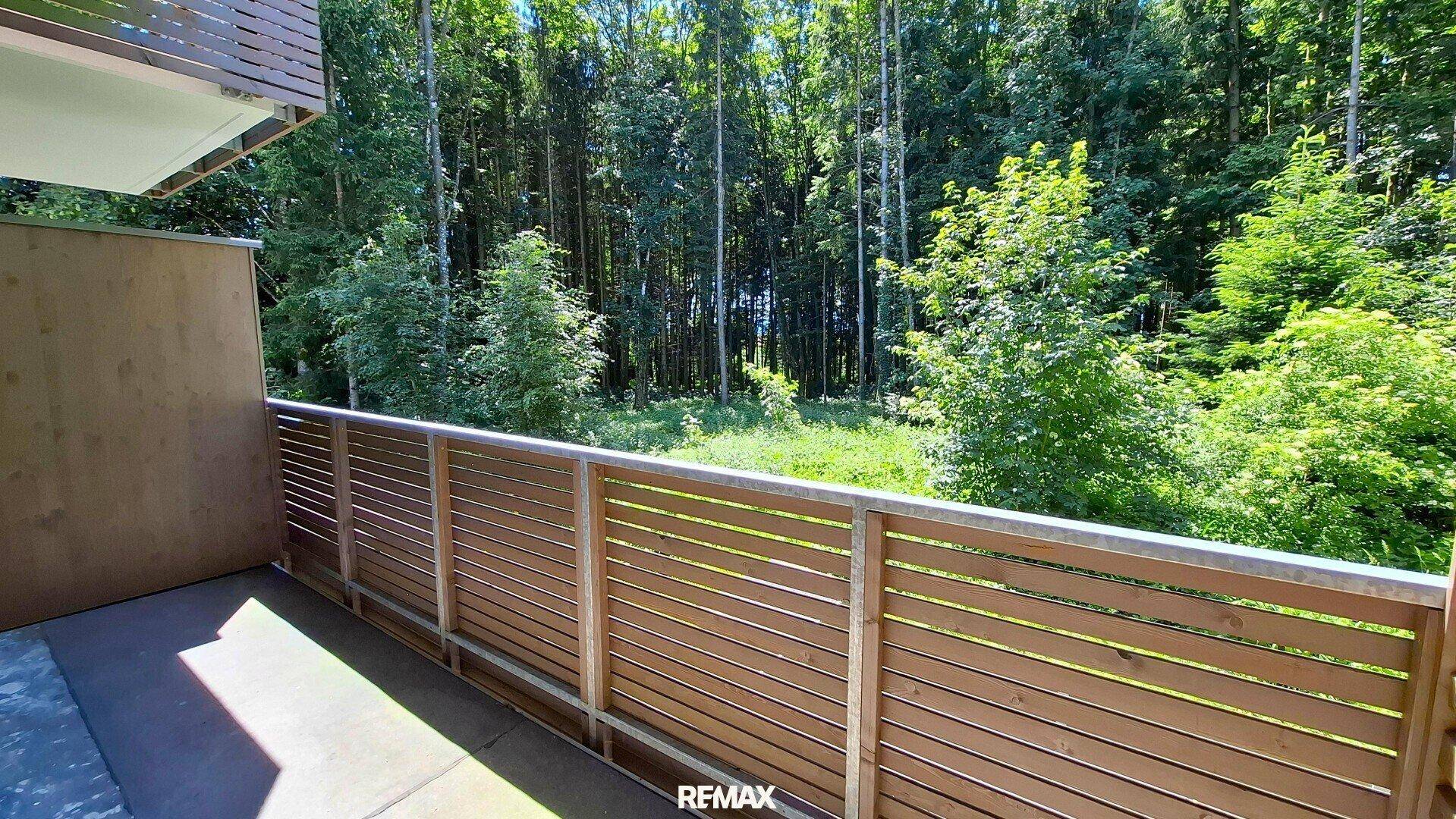 Balkon mit Holzelementen und einem weiten, unverbauten Blick in den umliegenden Wald.