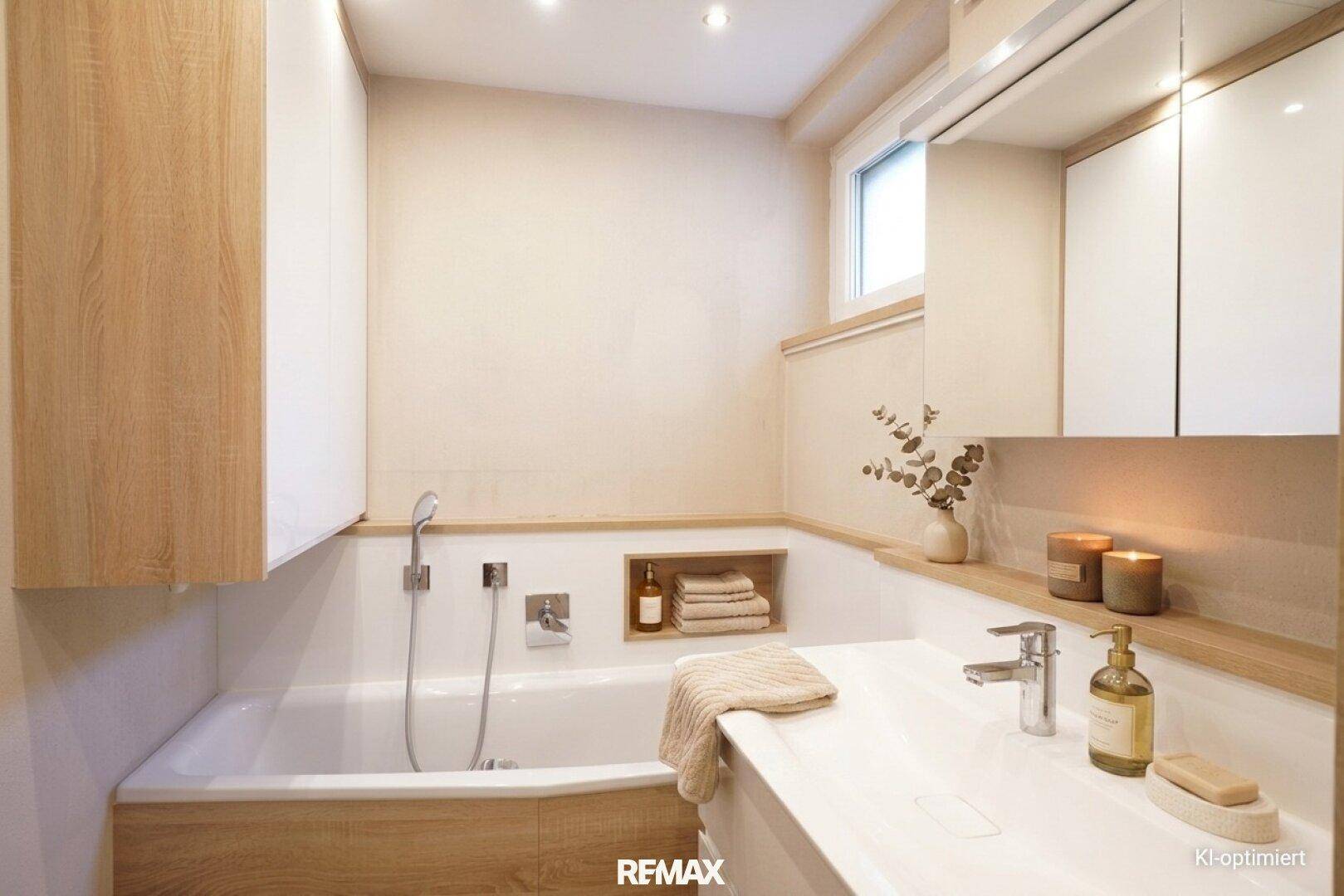 Helles Badezimmer mit Badewanne, Holzdetails und Spiegelschrank, bietet eine warme Atmosphäre.