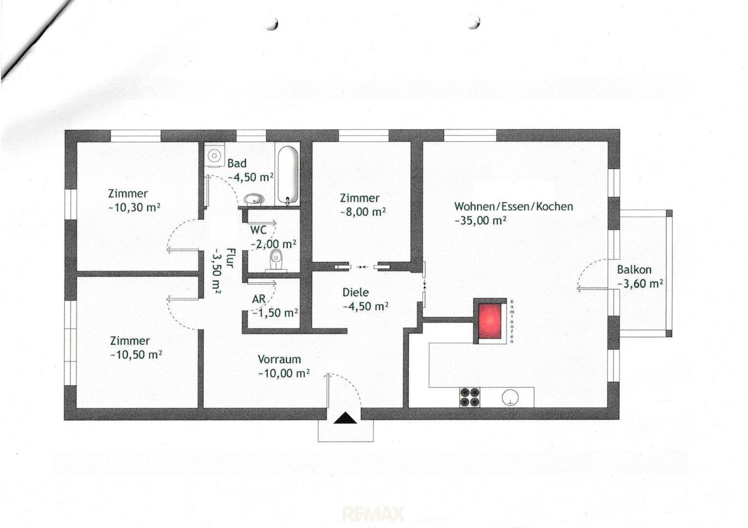 Grundriss einer Wohnung mit offenem Wohn-, Ess- und Kochbereich, drei Zimmern, Bad, separatem WC und Balkon.