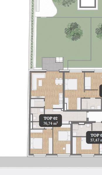 Detaillierter Grundriss einer Wohneinheit mit Gartenanteil und offener Raumaufteilung.