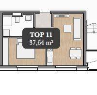 Grundriss einer Wohnung mit 37,64 m² und möblierten Wohn- und Schlafbereichen in offener Gestaltung.