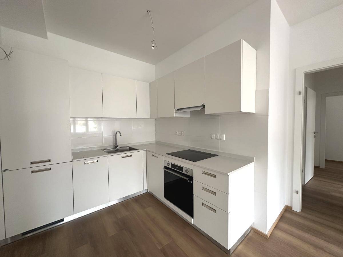 Moderne Einbauküche mit weißen Hochglanzfronten, Induktionskochfeld und integriertem Backofen.