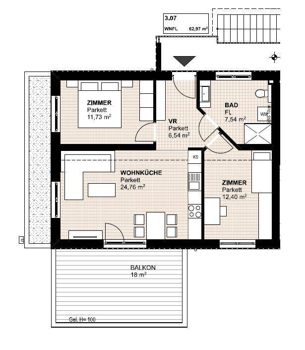 Grundriss einer 2-Zimmer-Wohnung mit offener Wohnküche, Bad und großem Balkon.