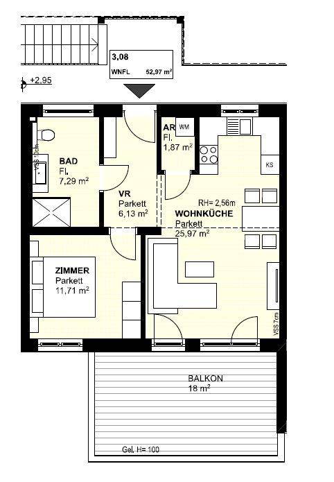 Detaillierter Grundriss einer Wohnung mit Wohnküche, Zimmer, Bad und großem Balkon.