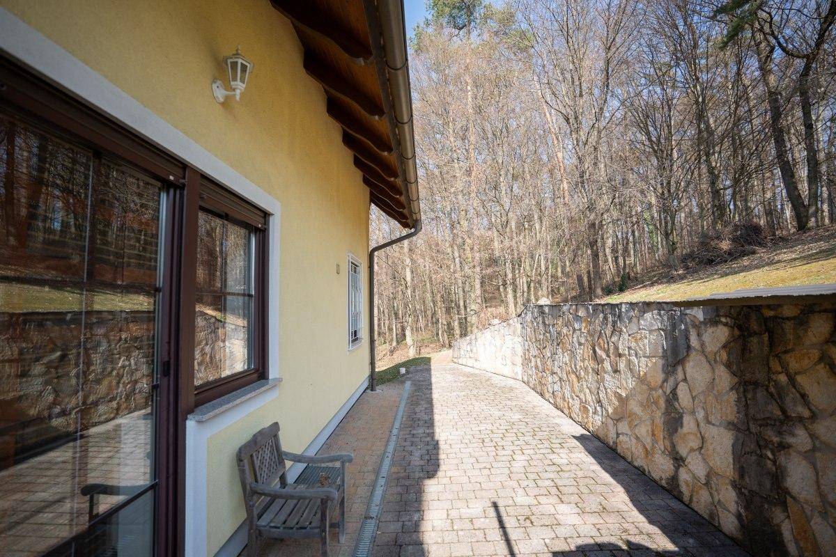 Seitenweg des Hauses mit Steinmauer und Blick auf den angrenzenden Wald.
