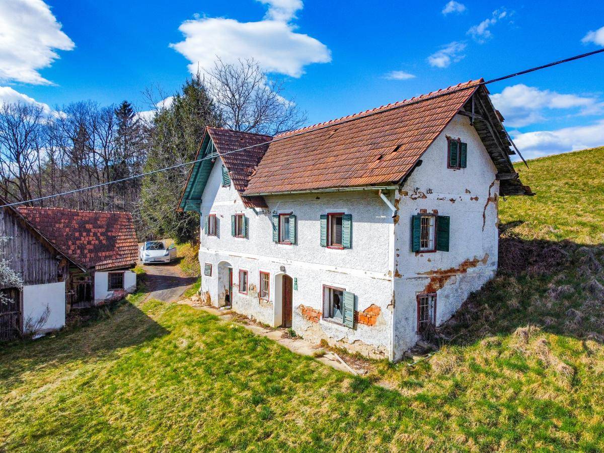 Vorderansicht des Haupthauses mit weißer Fassade, grünen Fensterläden und Ziegeldach.