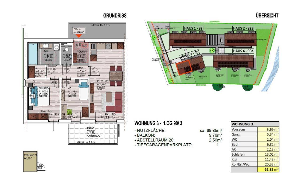 Grundriss und Lageplan einer Wohnung in einem Neubauprojekt mit Balkon und Gartenanteil.
