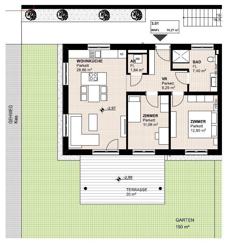 Detaillierter Grundriss einer Wohnung mit offener Wohnküche, zwei Schlafzimmern und großer Terrasse mit Garten.