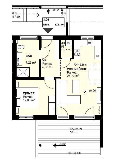 Grundriss einer Wohnung mit Wohnküche, Zimmer, Bad und großem Balkon.