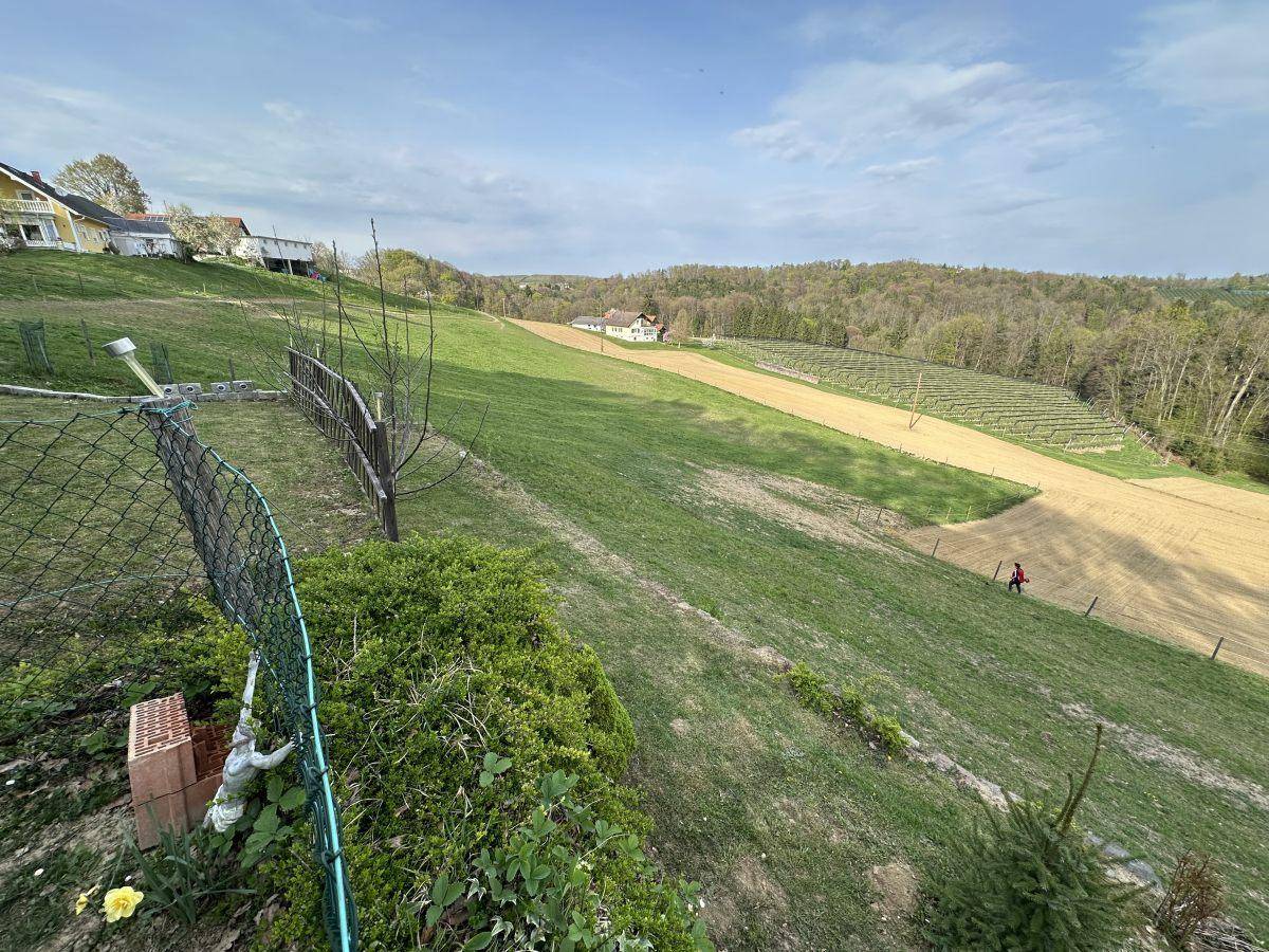 Weitläufige Landschaft mit grünen Hügeln, Feldern und vereinzelten Häusern unter blauem Himmel.