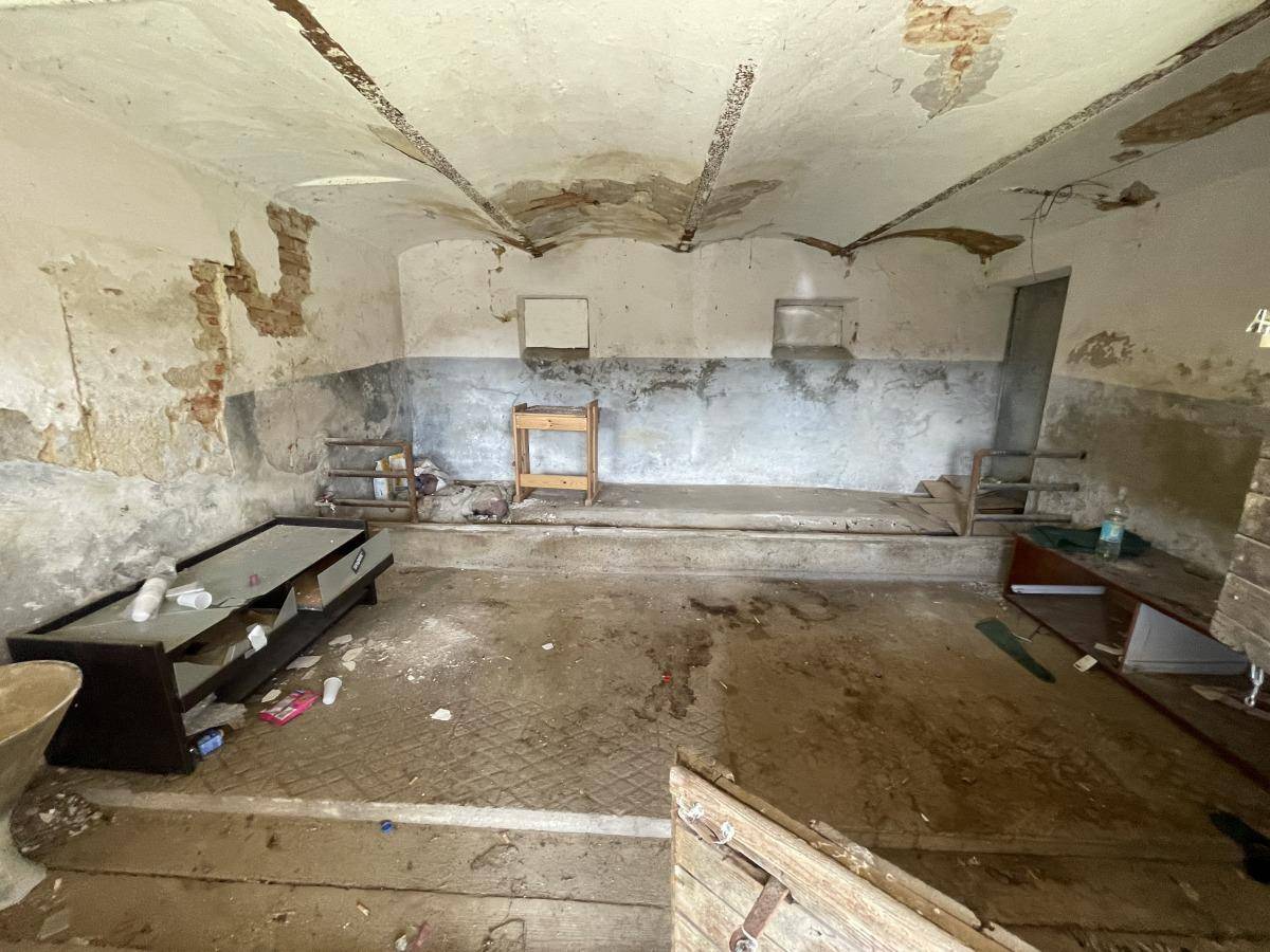Großer, leerstehender Kellerraum mit gewölbter Decke und stark beschädigten Wänden.