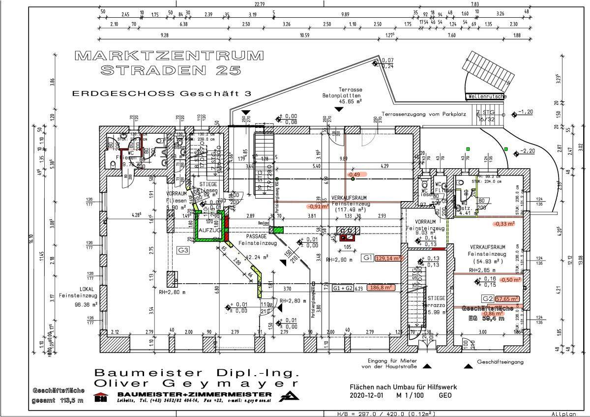 Detaillierter Grundriss des Erdgeschosses mit Verkaufsflächen, Nebenräumen und einer Terrasse.