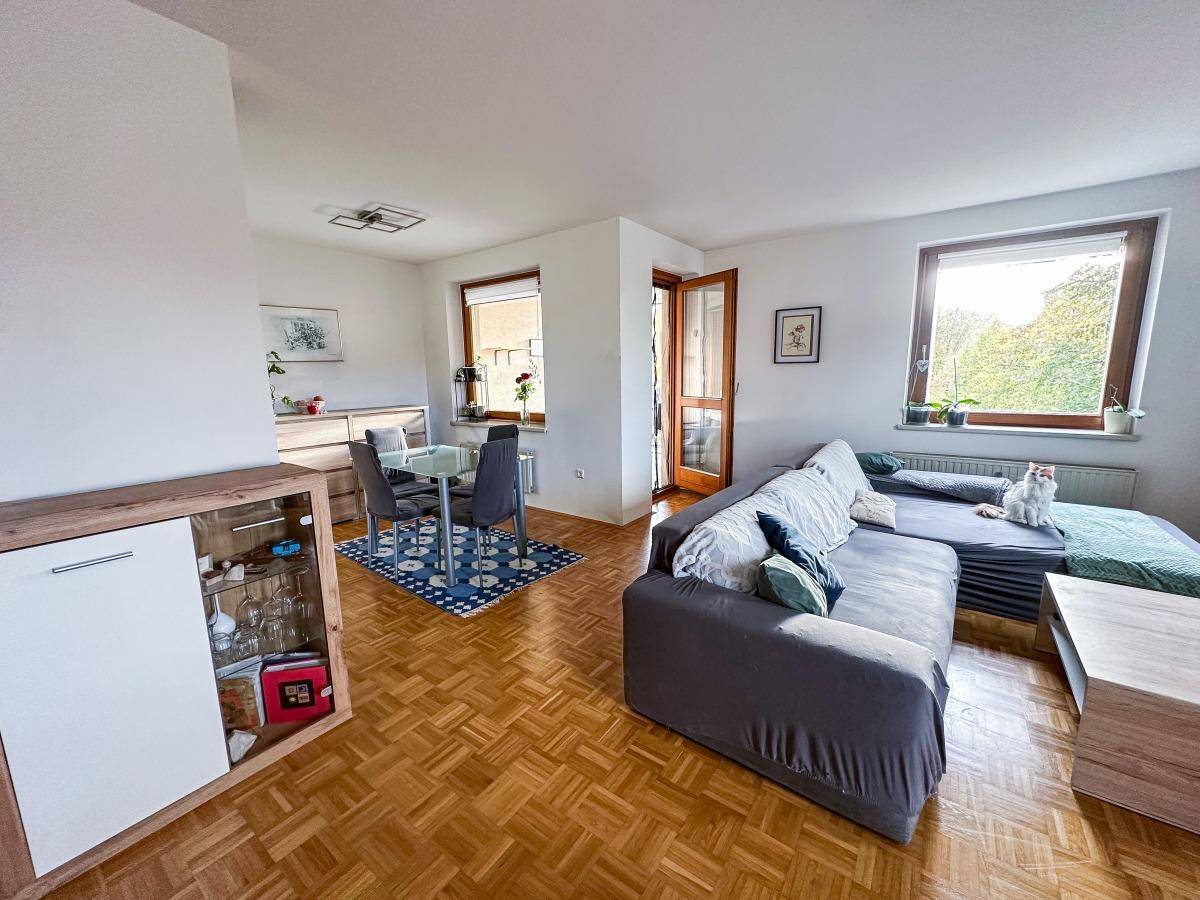 Offener Wohn- und Essbereich mit Parkettboden, Esstisch und bequemer Couch.