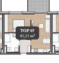Grundriss einer kompakten Wohnung mit offenem Wohnbereich, Schlafzimmer und Bad.