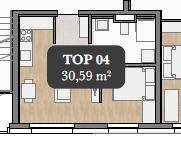 Detaillierter Grundriss einer Wohneinheit mit offener Raumaufteilung, Schlafzimmer und Badezimmer.