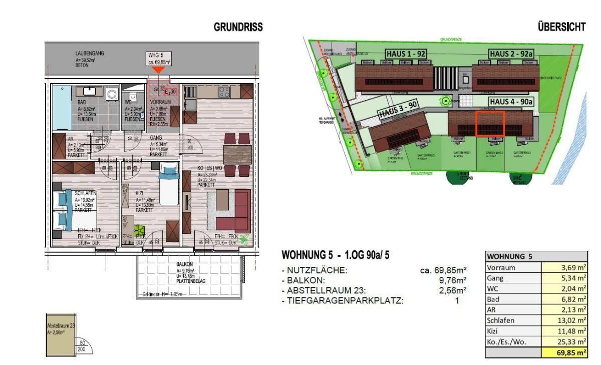 Detaillierter Grundriss einer Wohnung mit Raumaufteilung, Flächenangaben und Lageplan des Gebäudes.