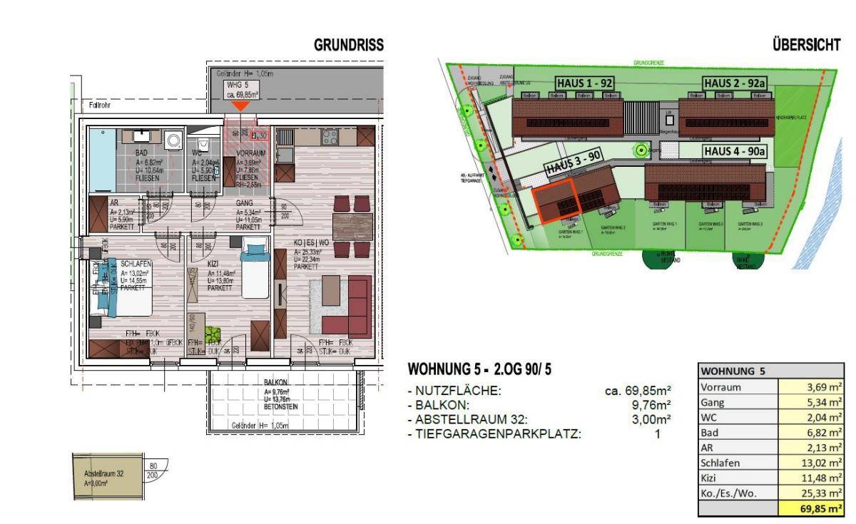 Detaillierter Grundriss einer Wohnung mit Flächenangaben und Lageplan des Gesamtobjekts.