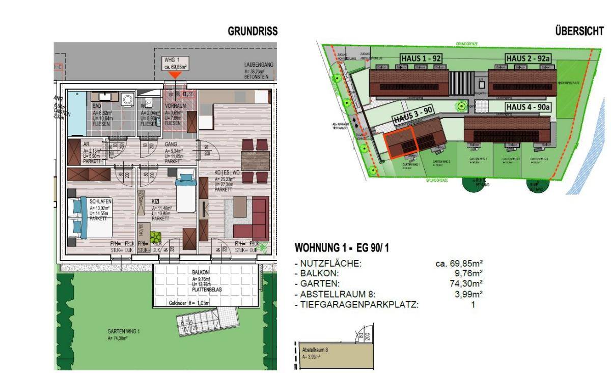 Grundriss und Lageplan mit Details zu Wohnfläche, Balkon und Garten.