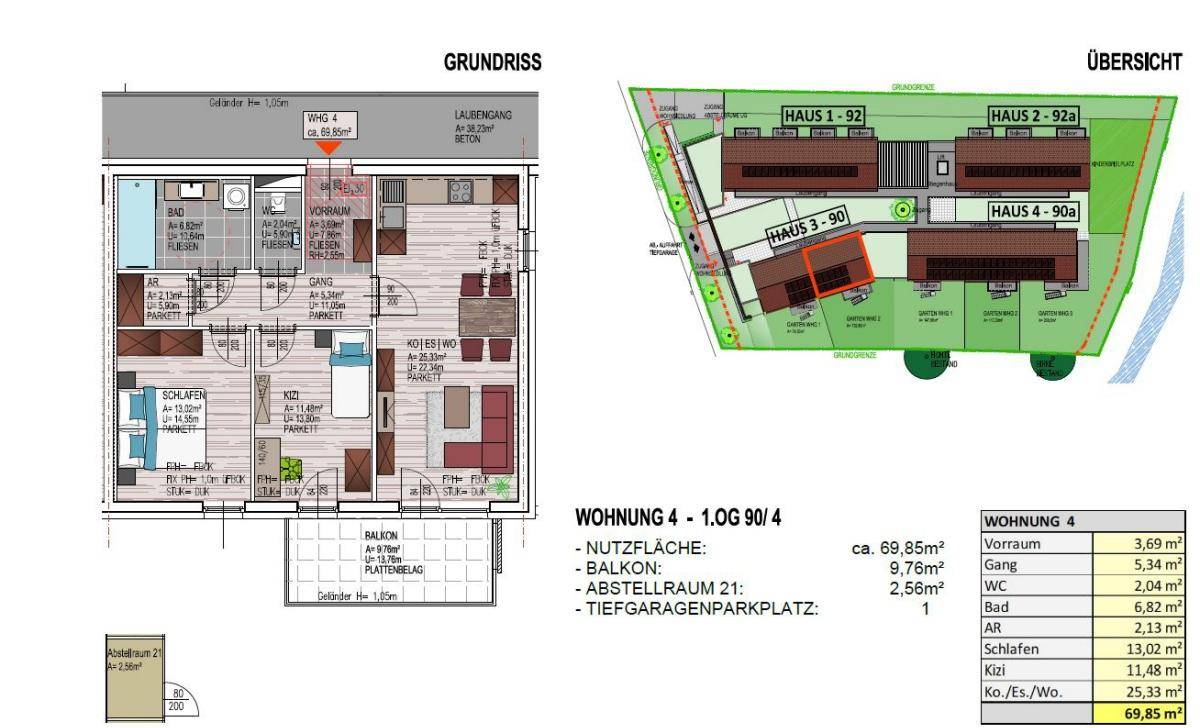 Detaillierter Grundriss einer Wohnung mit Flächenübersicht und Balkonzugang.