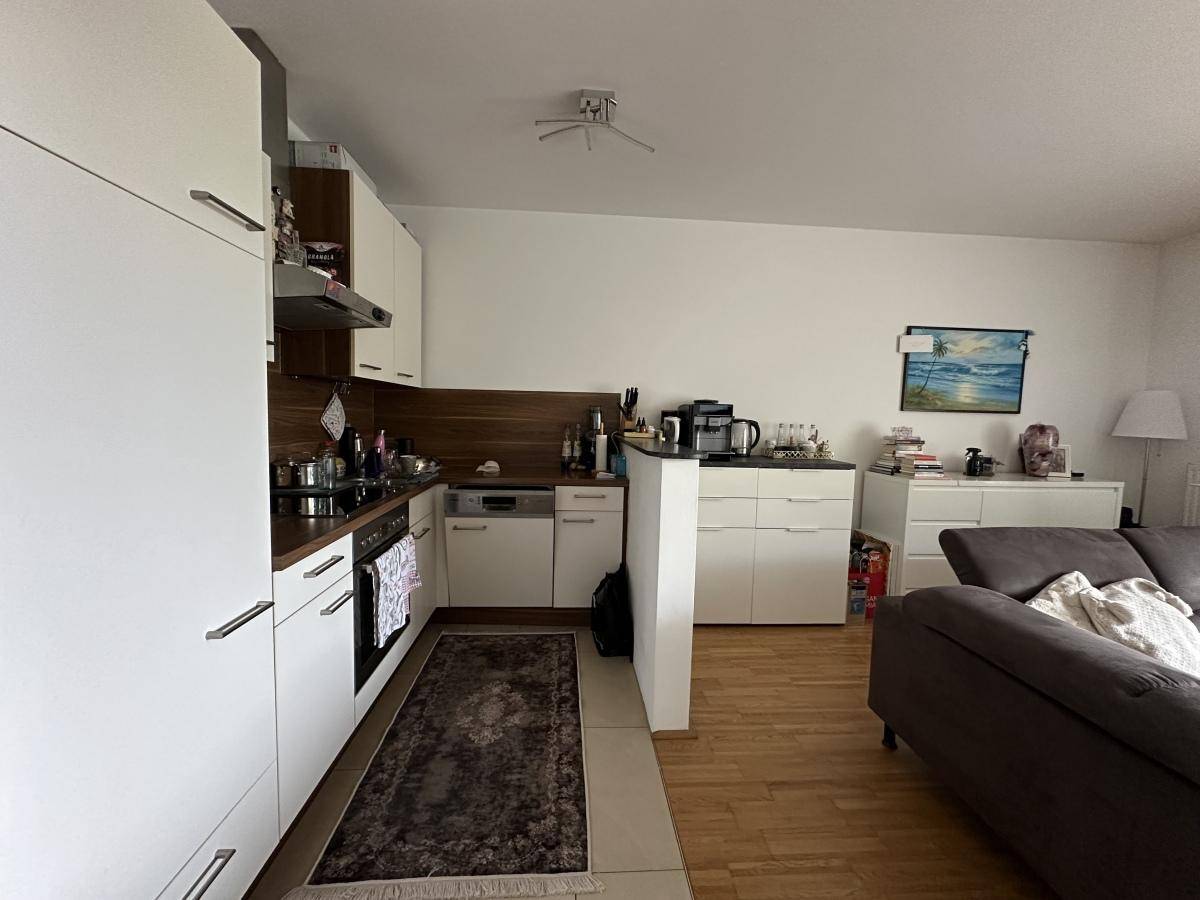 Offene Küche mit weißen Schränken und Holzdetails, nahtlos in den Wohnbereich integriert.