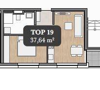 Grundriss der Einheit Top 19 mit 37,64 m² und offenem Wohnbereich sowie Balkonzugang.