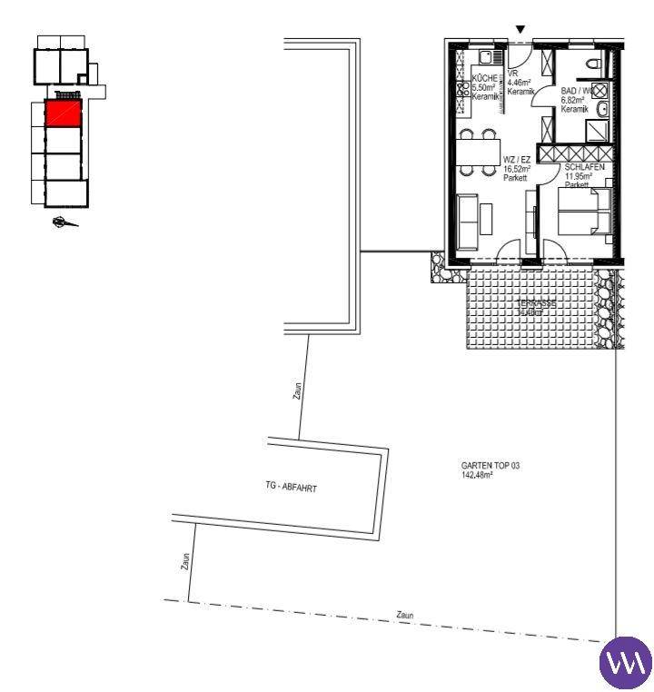 Grundriss einer Wohnung mit offenem Wohnbereich, Schlafzimmer und Terrasse mit Garten.