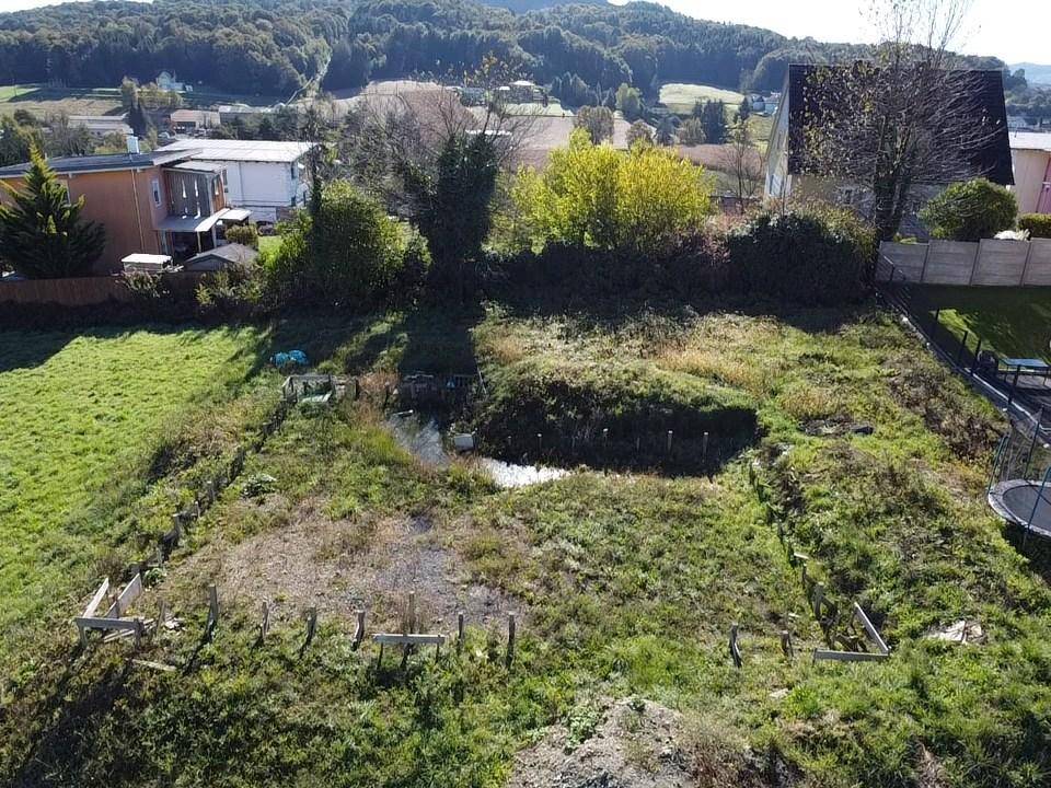Weitläufiges Grundstück aus der Vogelperspektive mit natürlicher Vegetation, einem kleinen Teich und angrenzenden Wohngebäuden.
