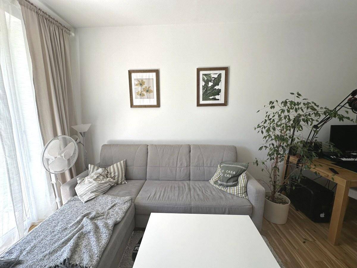 Gemütliches Wohnzimmer mit Sofa, Couchtisch und Pflanzen, ideal zum Entspannen.