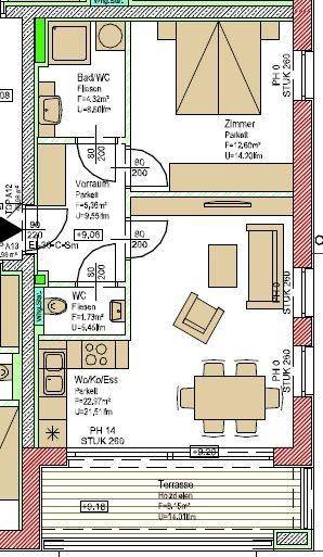 Detaillierter Grundriss mit Schlafzimmer, Bad, separatem WC und offenem Wohn-Essbereich mit Terrasse.