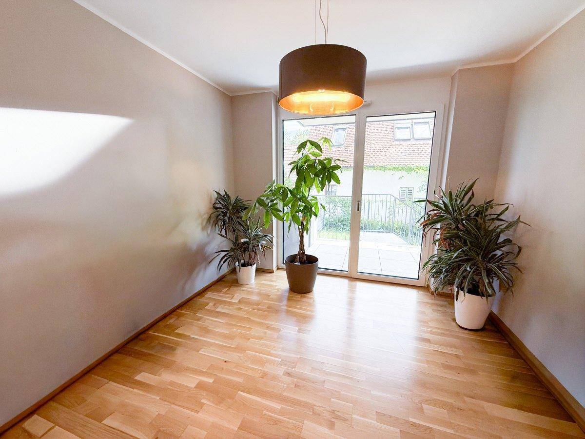 Heller Raum mit großen Fenstern, Pflanzen und Zugang zu einem Balkon.