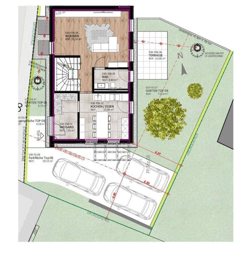 Grundriss des Erdgeschosses mit Wohn-, Koch- und Essbereich sowie Terrasse und Garten.