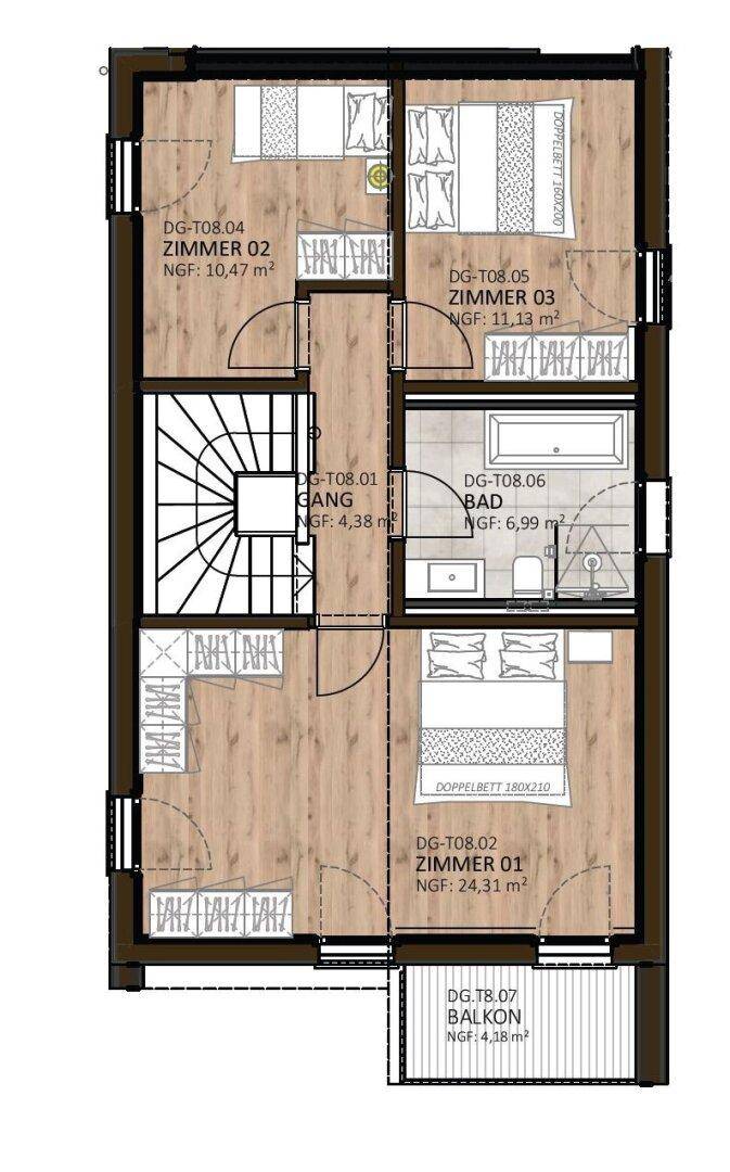 Grundriss des Obergeschosses mit drei Schlafzimmern, Bad und Balkon.